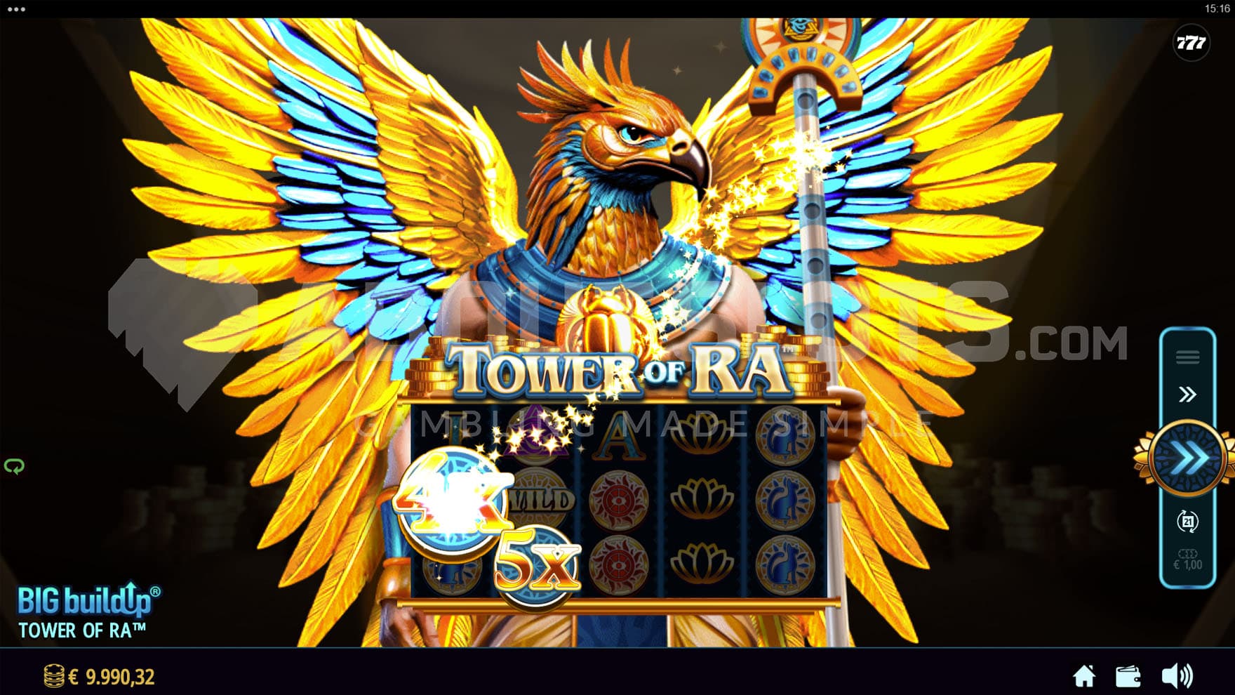 Ra Multiplier Feature triggered in the base game, awarding two multiplier Wilds on reels 1 and 2.
