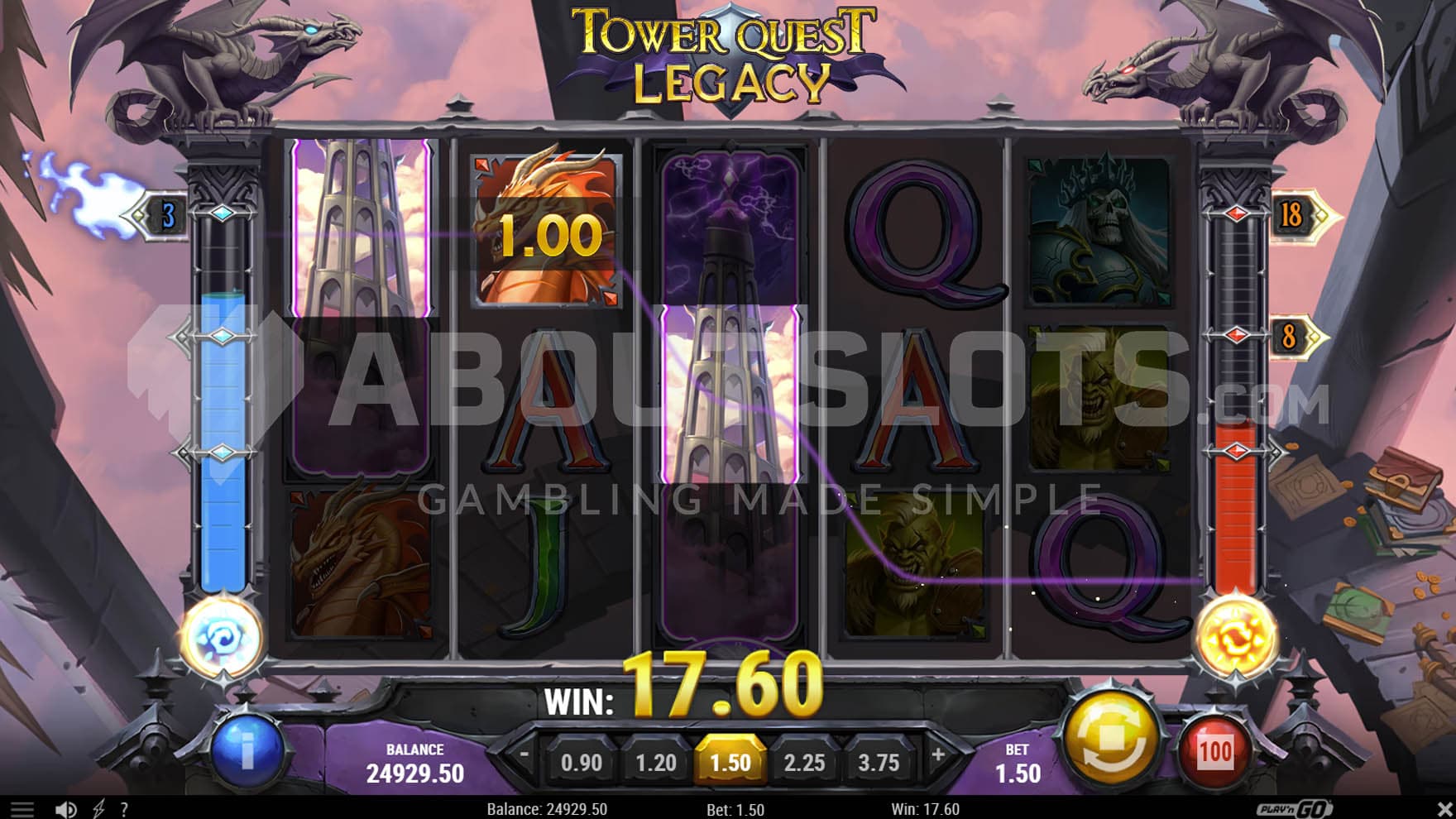 Base game view of a 5x3 grid with 2 meters on the sides and a win involving 2 stacked Wild symbols and a high-paying dragon symbol.