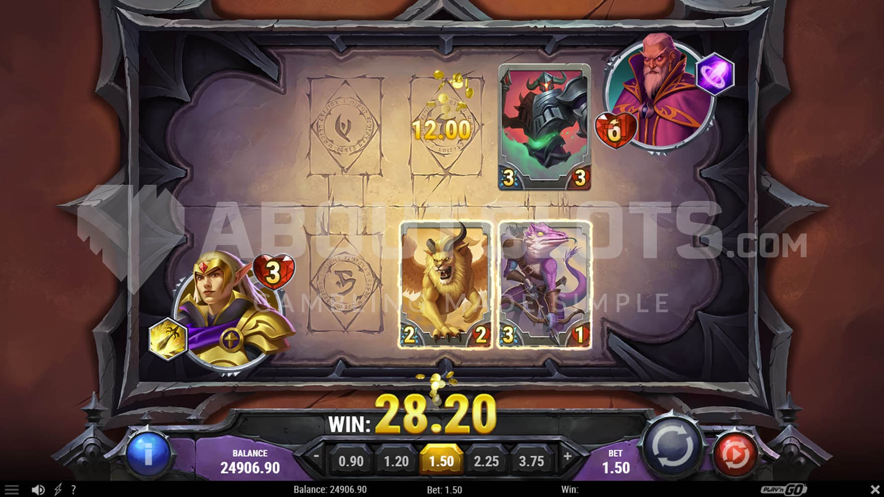 A bonus game in progress showing fights between different monsters on the playing cards and a win of 28.20.