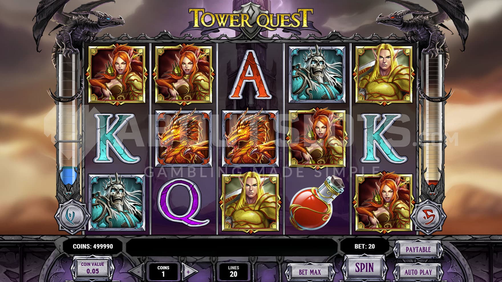 Base Game view of a 5x3 grid surrounded by stone statues of dragons.