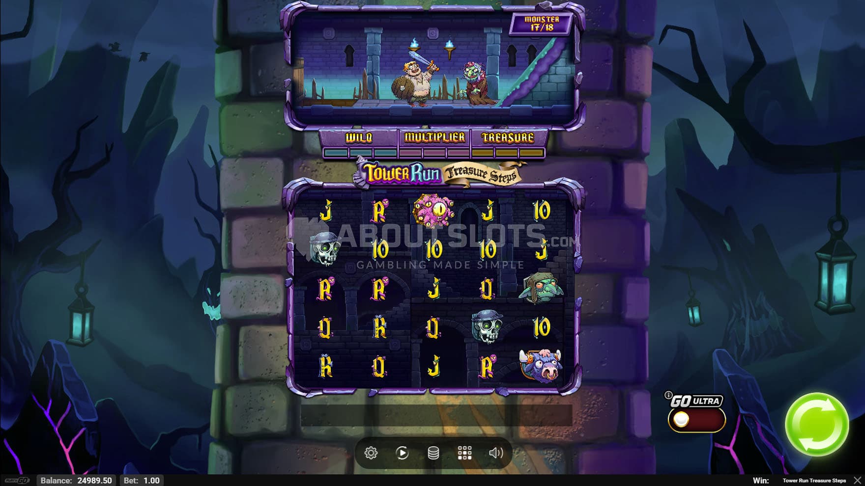 Screenshot of the base game, showing a 5x5 grid on a backdrop of a stone tower in a middle of a dark, eerie landscape.