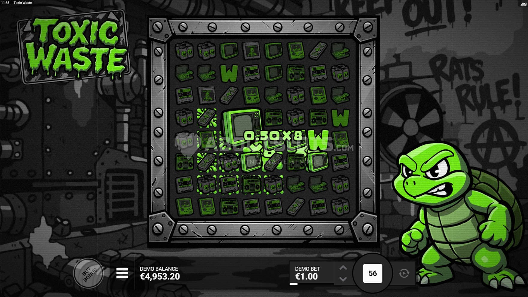 Screenshot of the base game, showing an 8x8 grid on a grey background depicting industrial environment with a green turtle on the right.