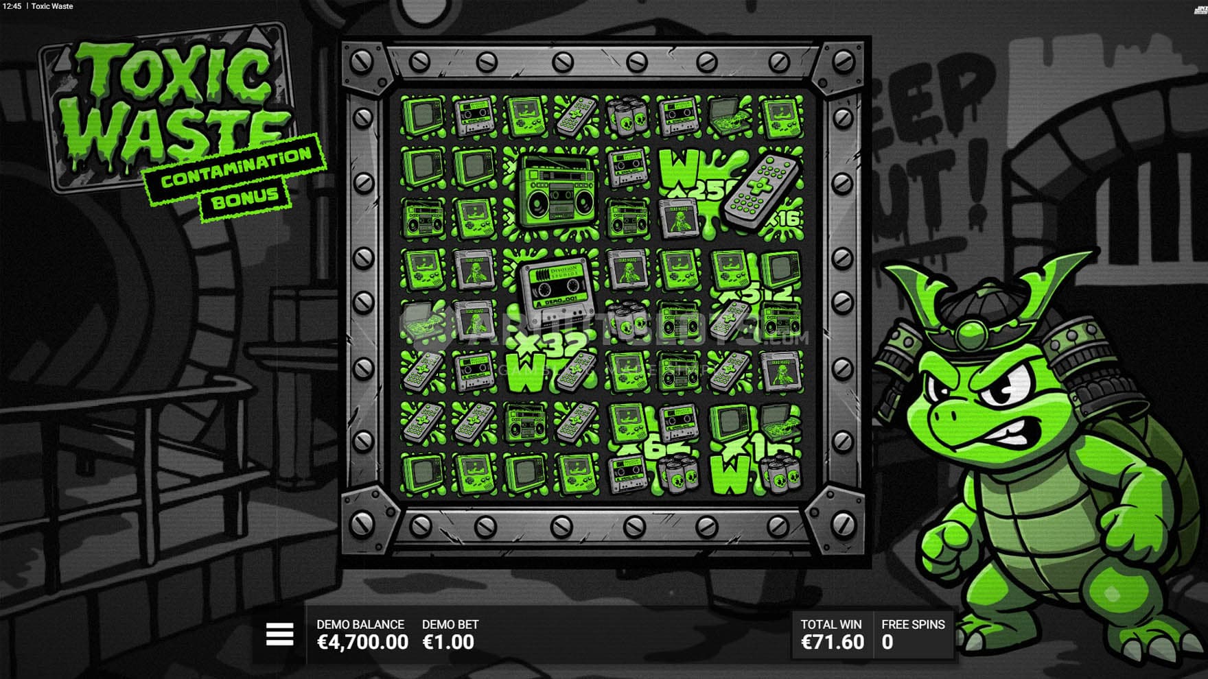 Screenshot of the Contamination Bonus in progress, with all positions on the grid charged with multipliers.