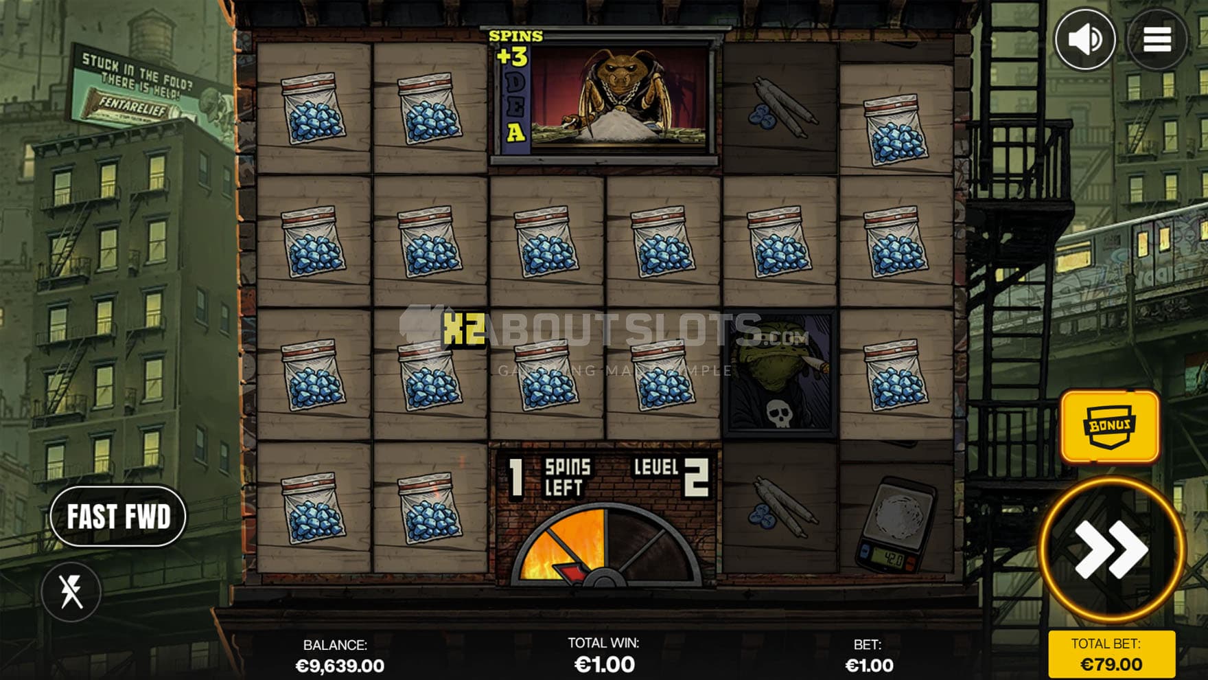 Bonus Game in progress, showing a win created of multiple mystery symbols transforming into a matching symbol.