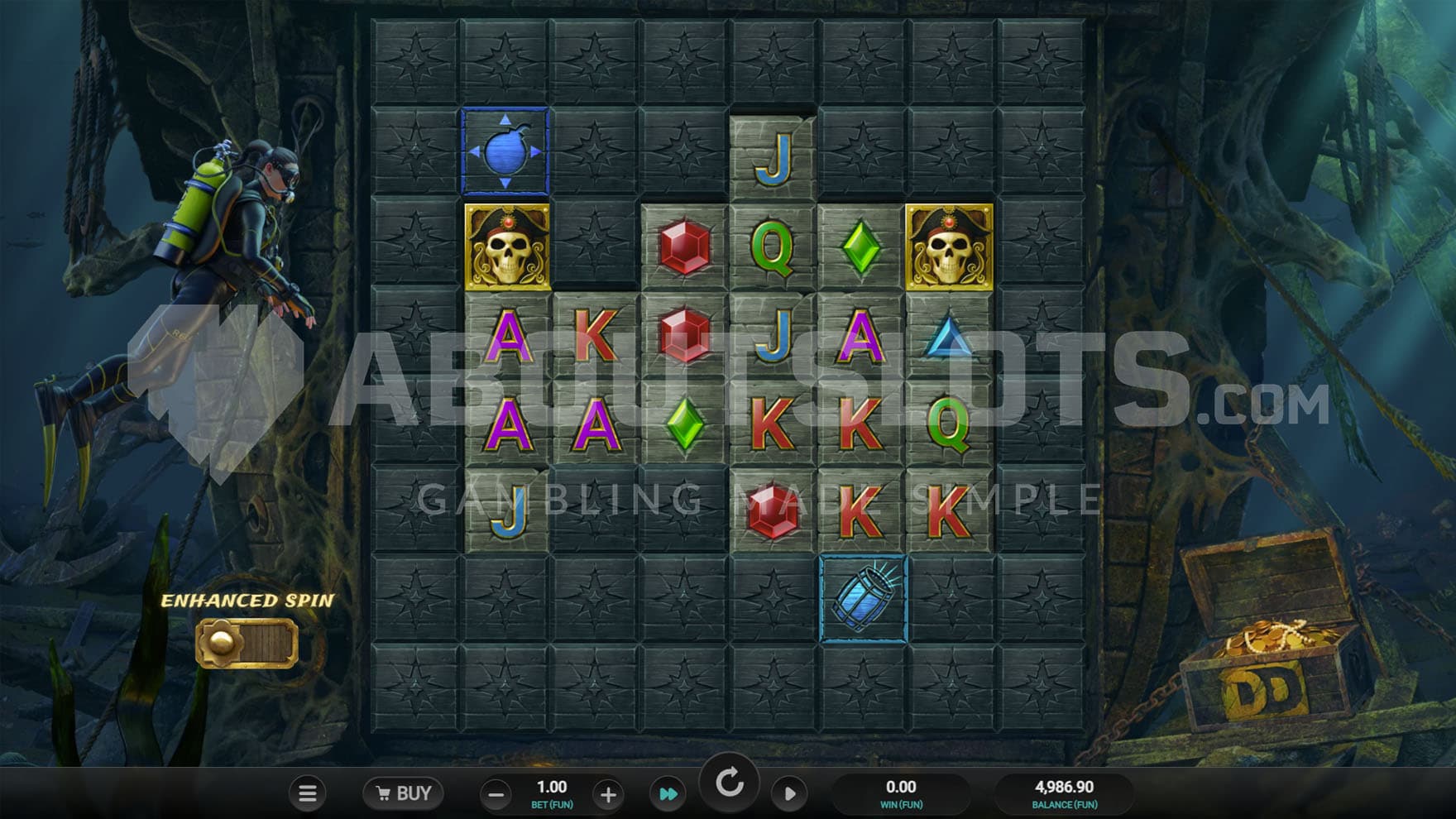 Base Game view of a 8x8 grid on a backdrop of an underwater landscape with a shipwreck in the distance and a female diver on the left.