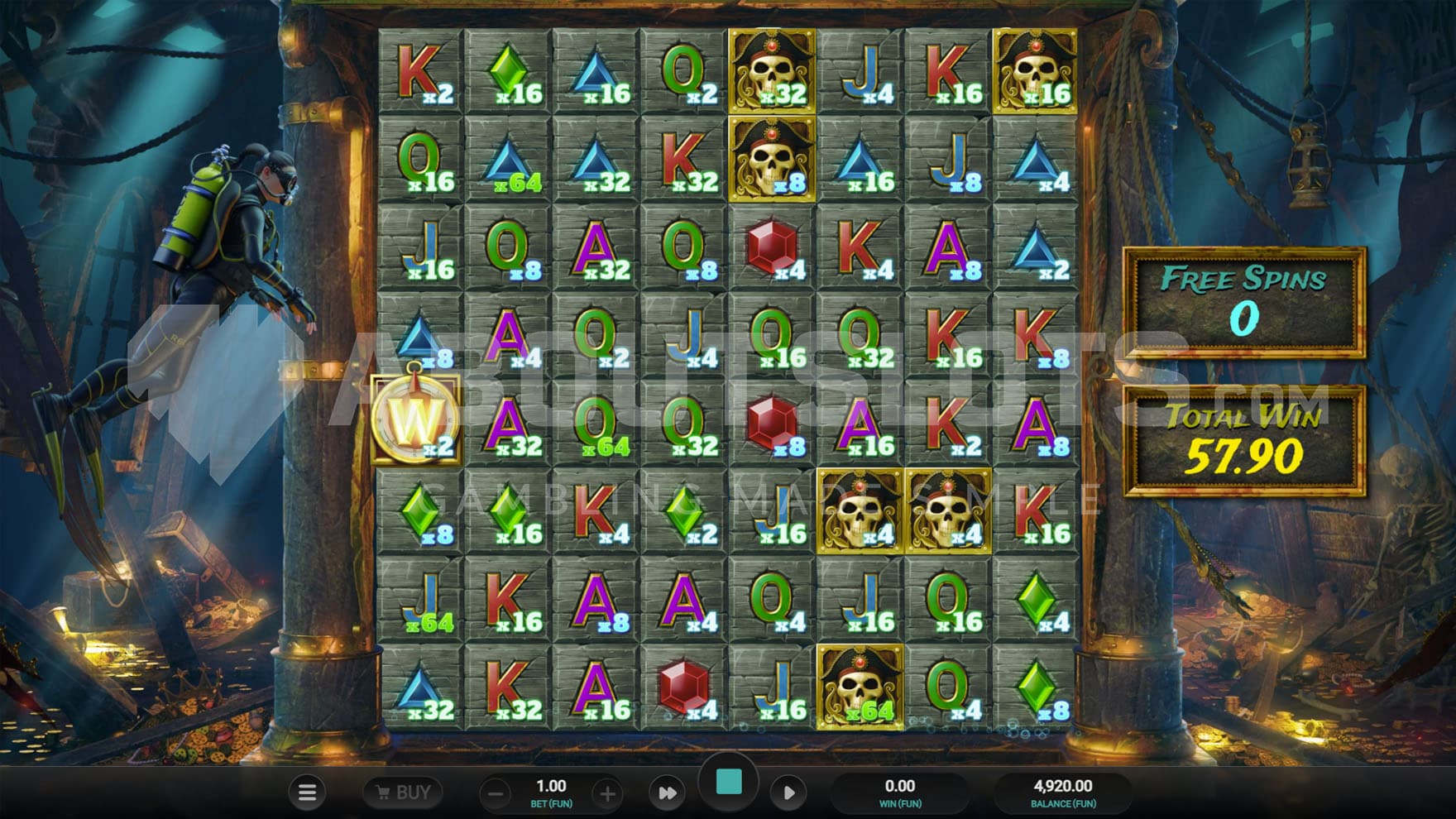 Galleon Spins bonus in progress, showing all positions on the grid with active multipliers and one Compass Wild on reel 1.