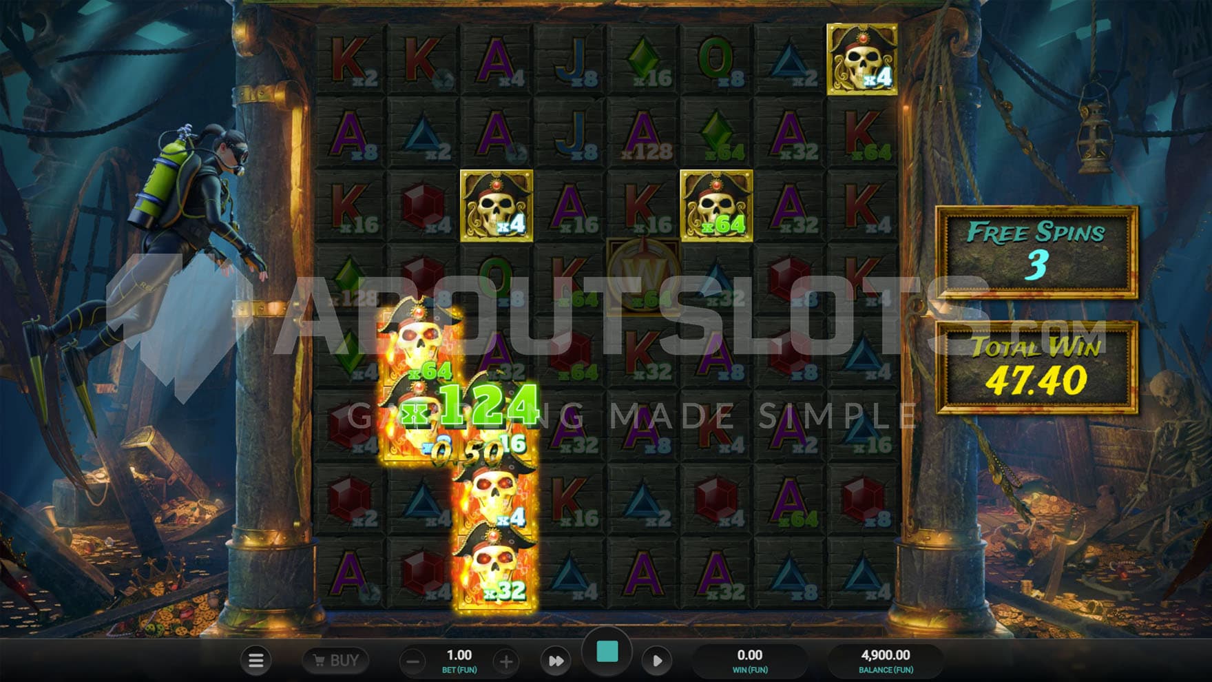 Galleon Bonus in progress, showing all grid positions with increased multipliers.