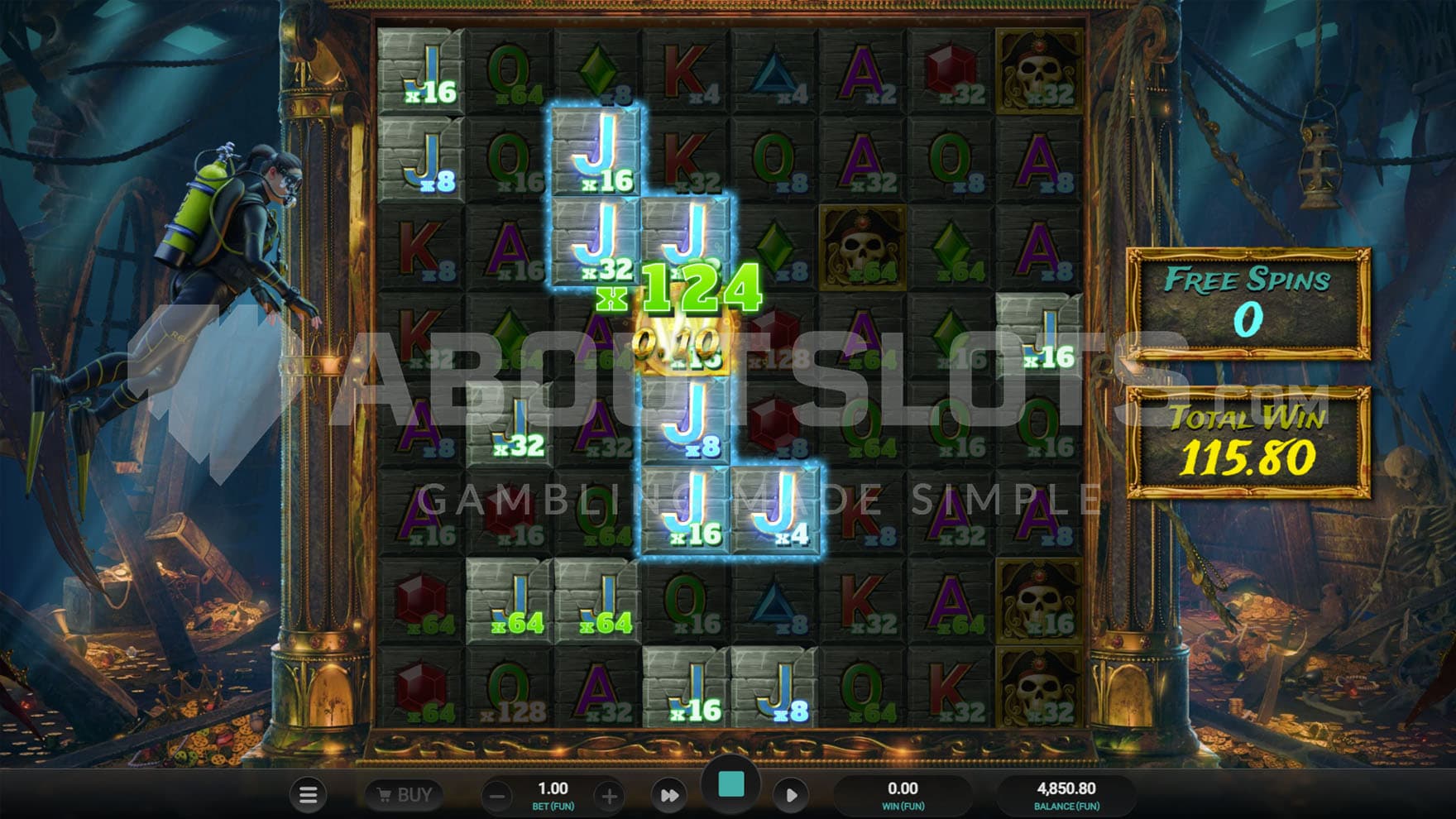 Super Galleon Bonus in progress, showing all grid positions with various multiplier values.