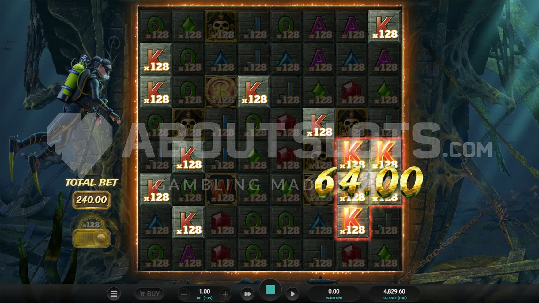 Upgrade Spins triggered in the base game, populating all grid positions with x128 multipliers.