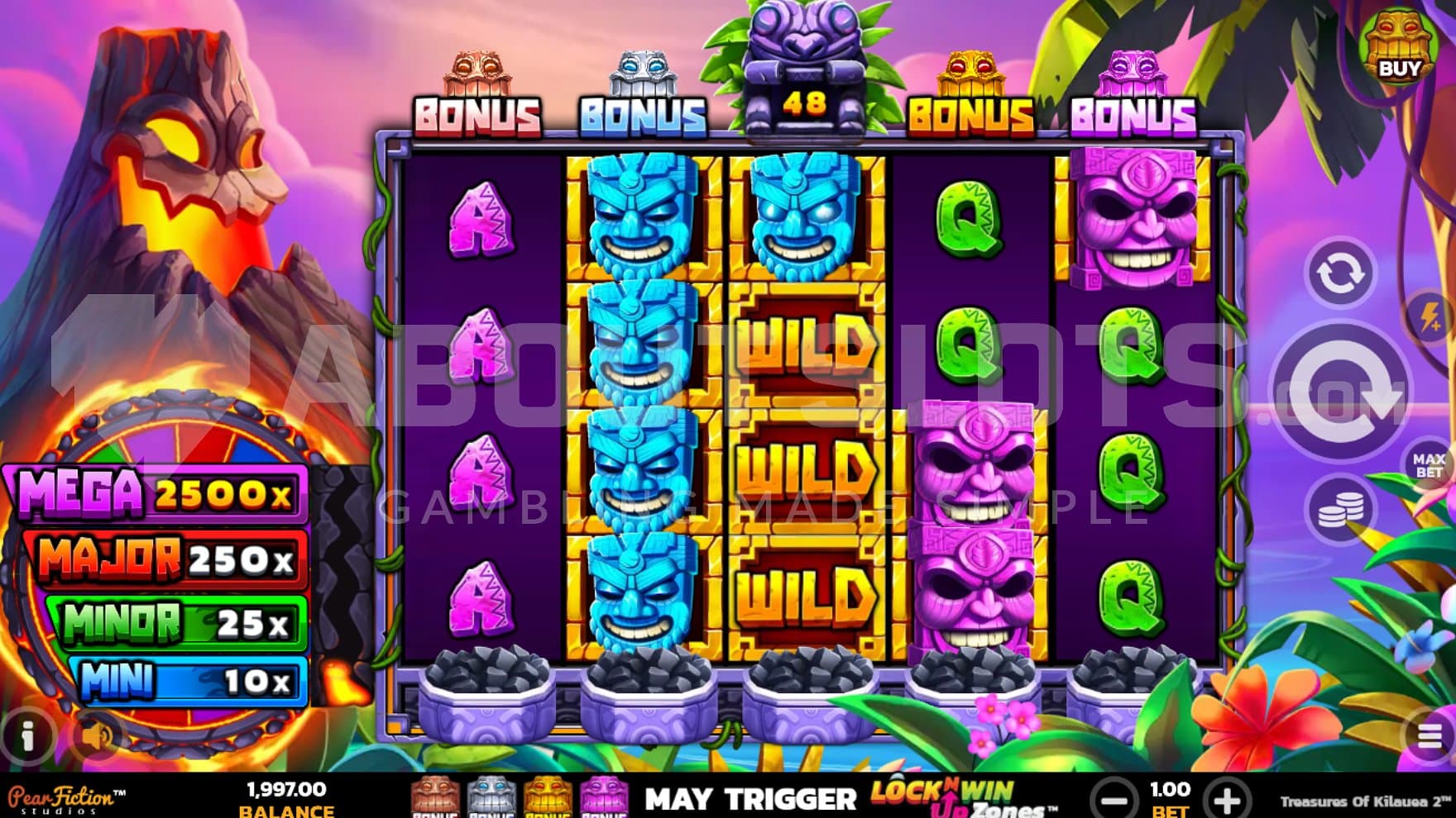 A casino slot in front of a volcano.