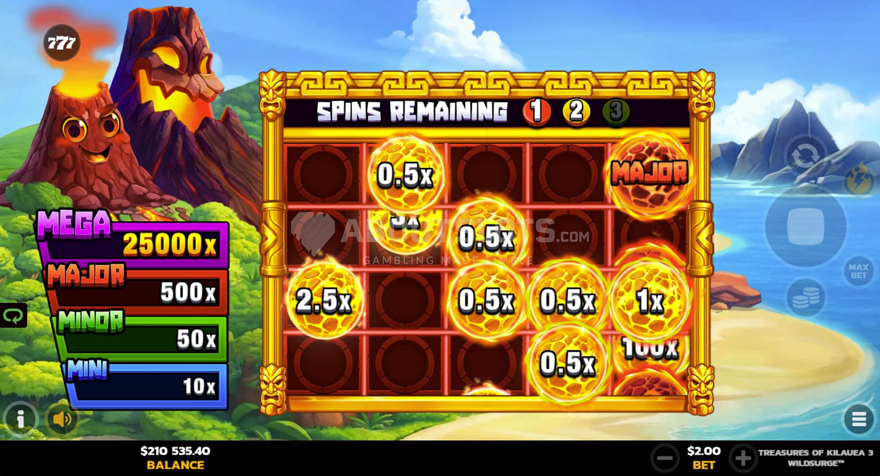 Screenshot of the Lohihi LockNWin bonus in progress with multiple cash symbols on the reels.