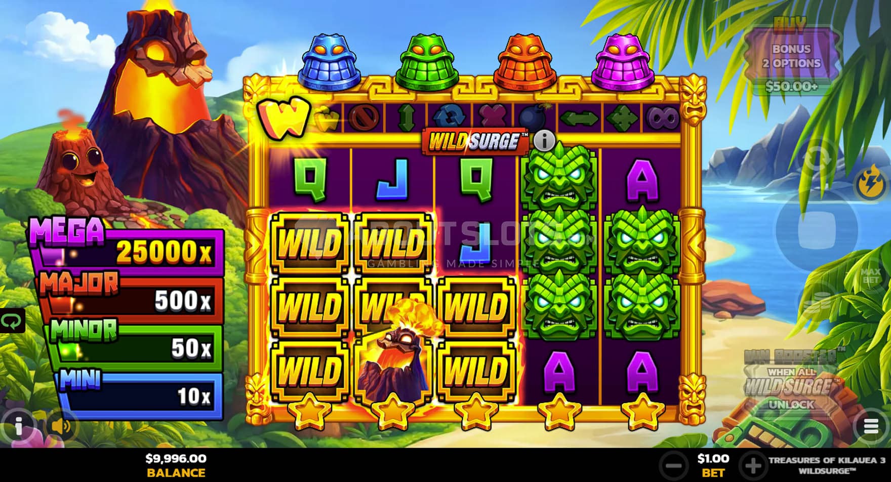 Screenshot of the base game, showing a 5x4 grid on a backdrop of an exotic landscape.