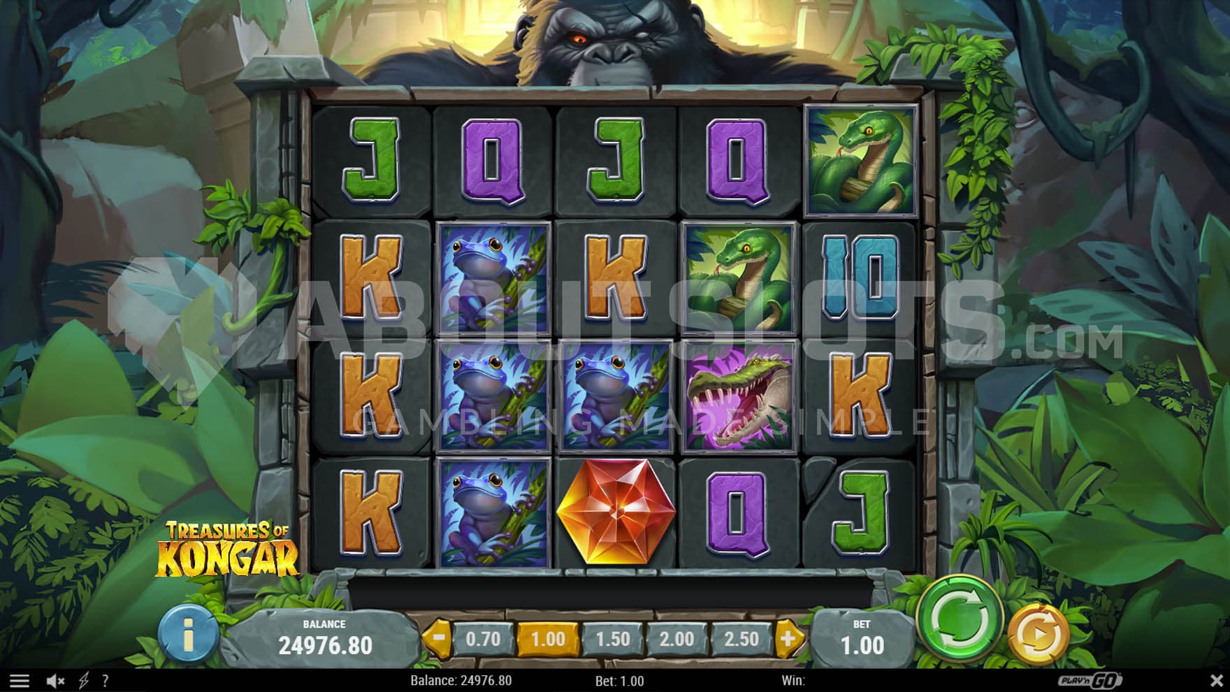 Base game view of a 5x4 grid with a mix of different symbols and a giant gorilla hiding behind it.