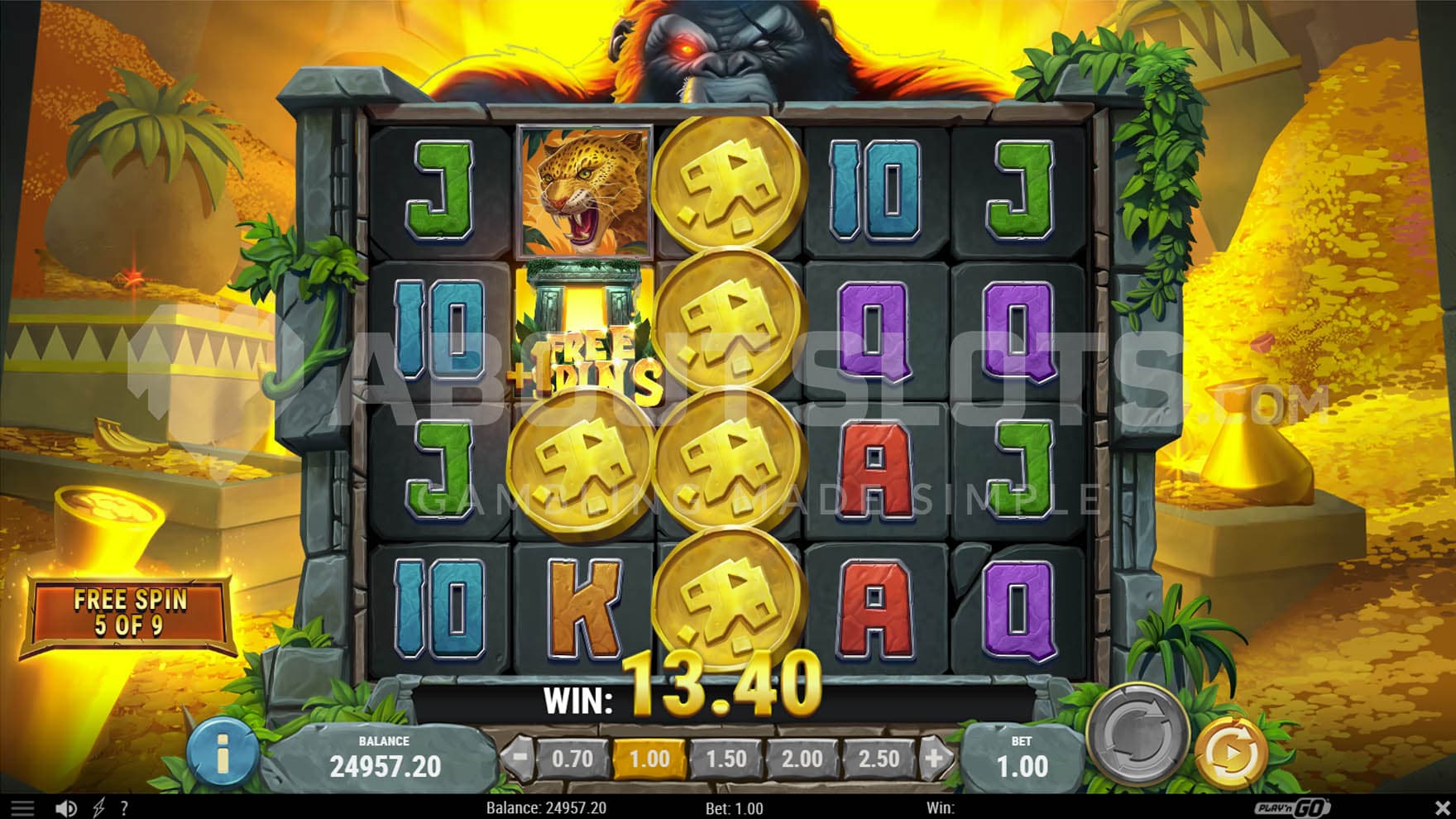 Free Spins round in progress taking place in a gold-filled chamber. Multiple Kongar Coin symbols on the reels.