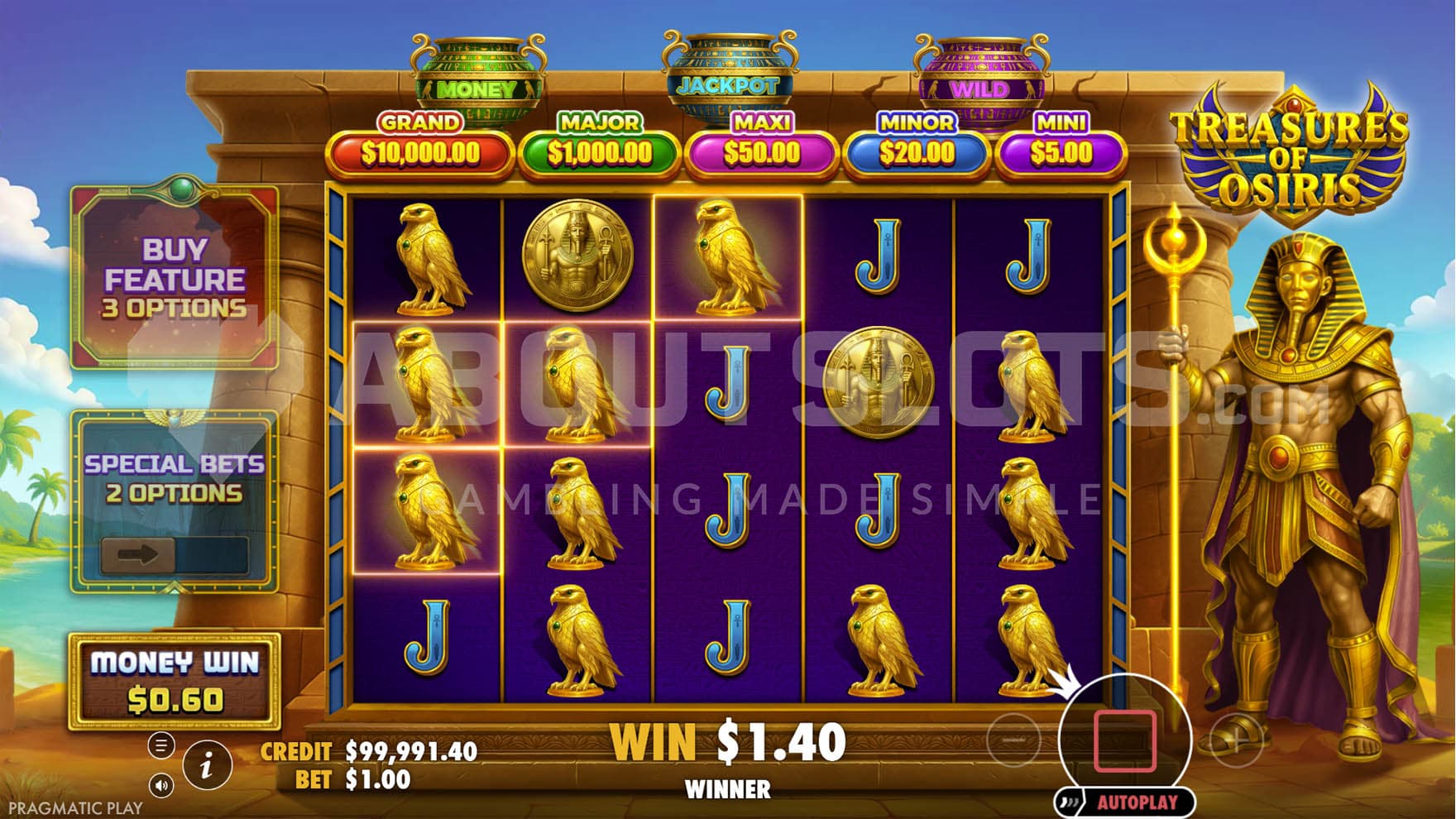 Base Game view of a 5x4 grid set against a backdrop of Egyptian landscape, with the god Osiris standing on the right.