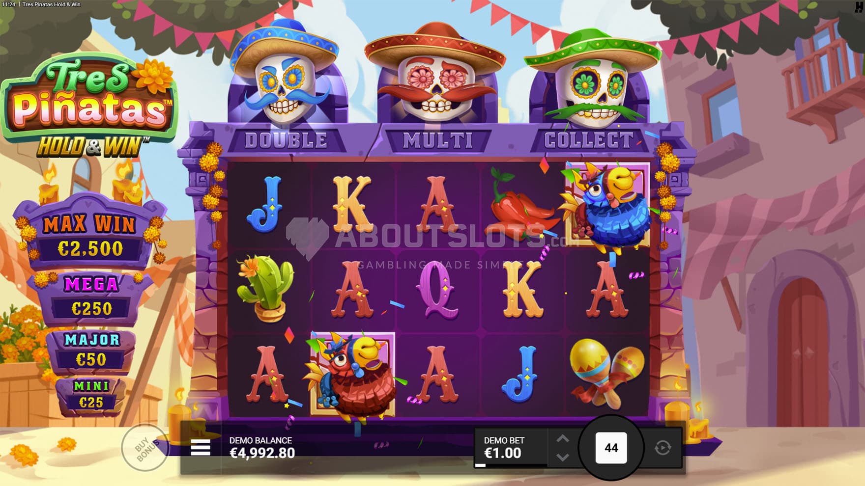 Screenshot of the base game, with a 5x3 grid on a backdrop of a Mexican village.