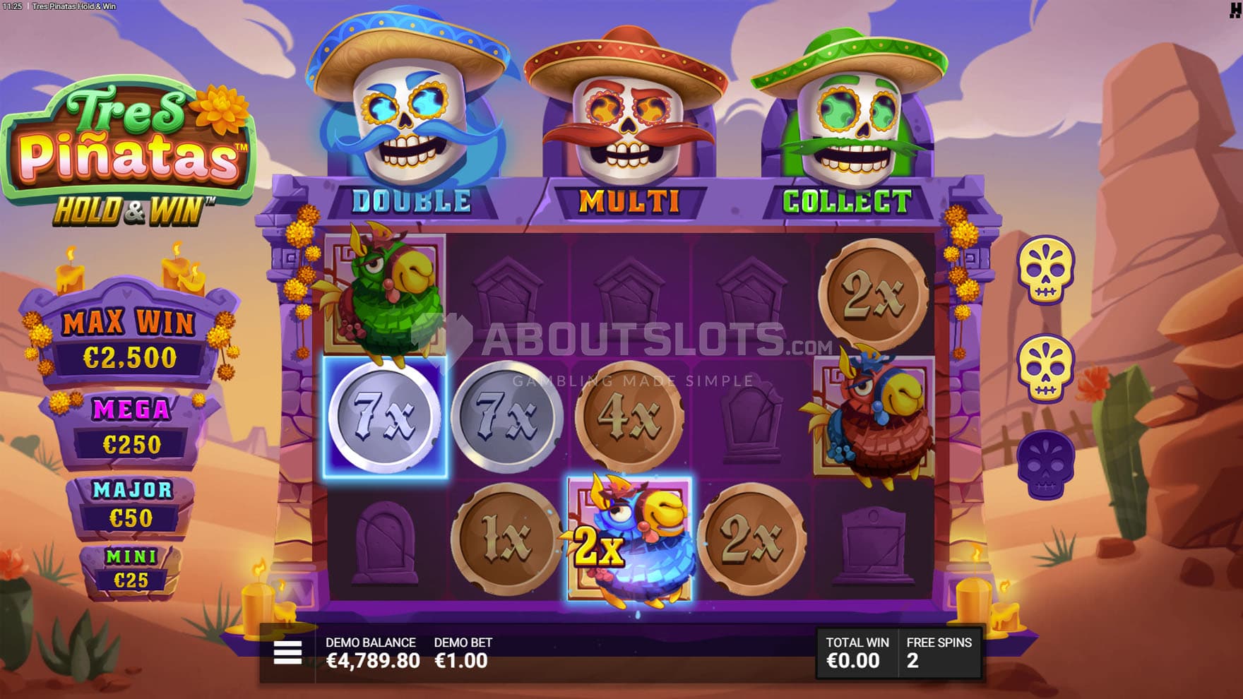 Screenshot of the bonus round, with the Blue Pinata awarding a multiplier to a random coin.