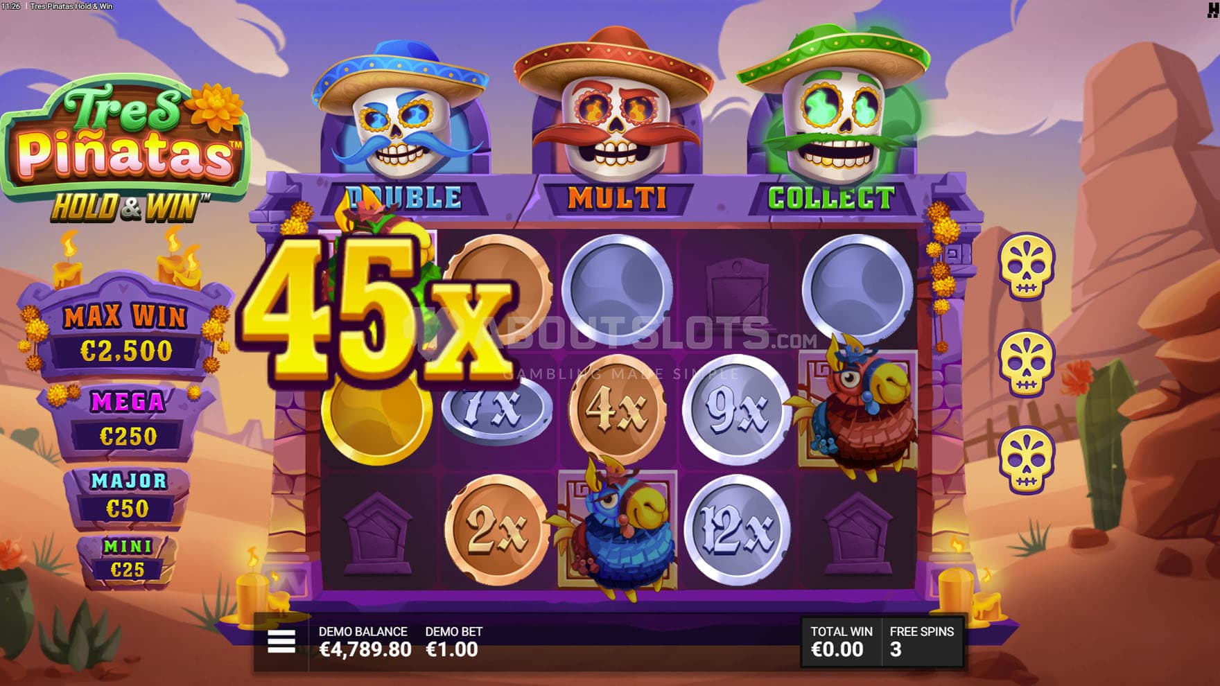 Screenshot of the bonus round, with the Green Pinata collecting values from other coins.