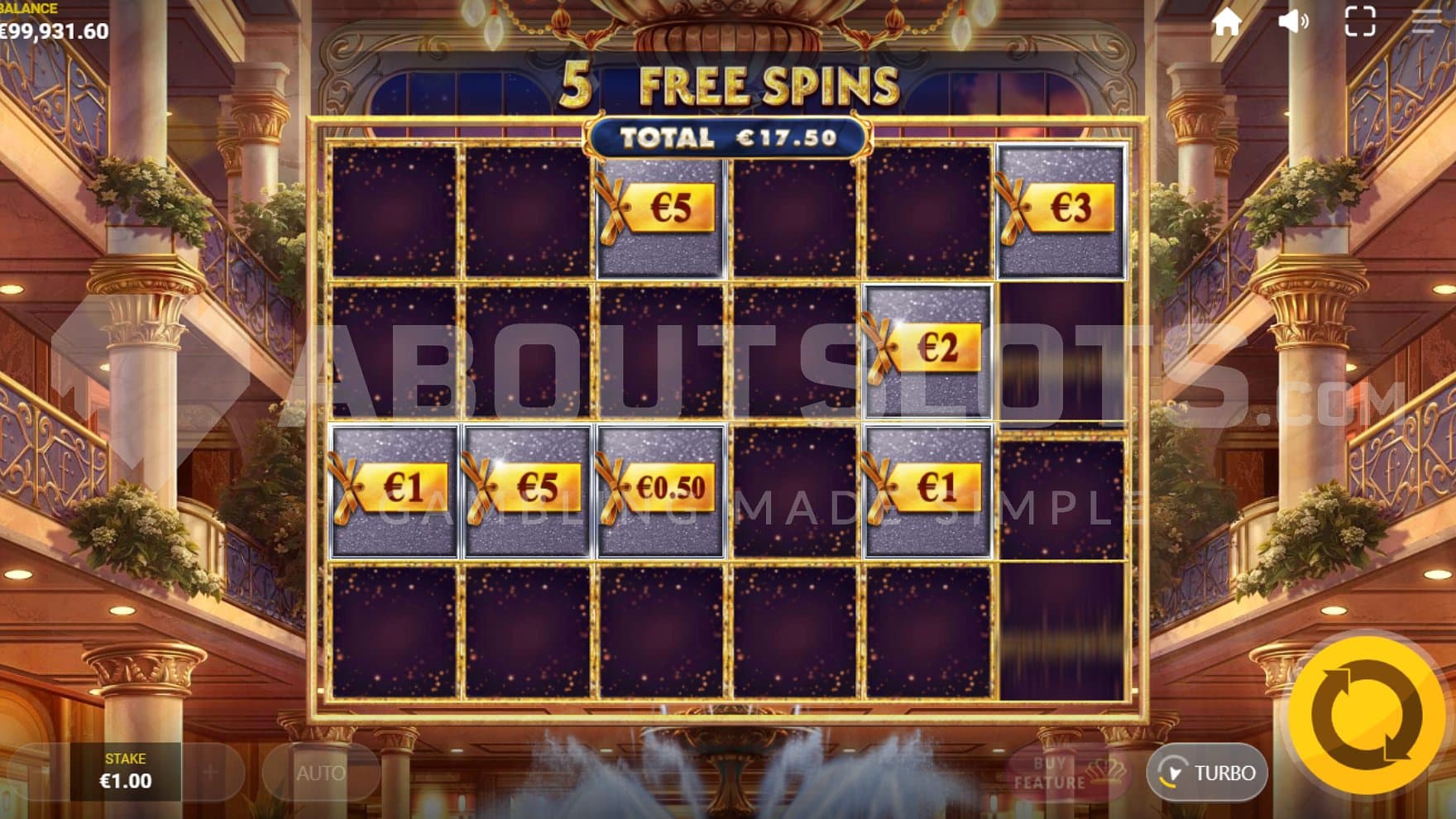 Five remaining spins in the Free Spins feature that turns into a re-spin feature when 3 spins remain.