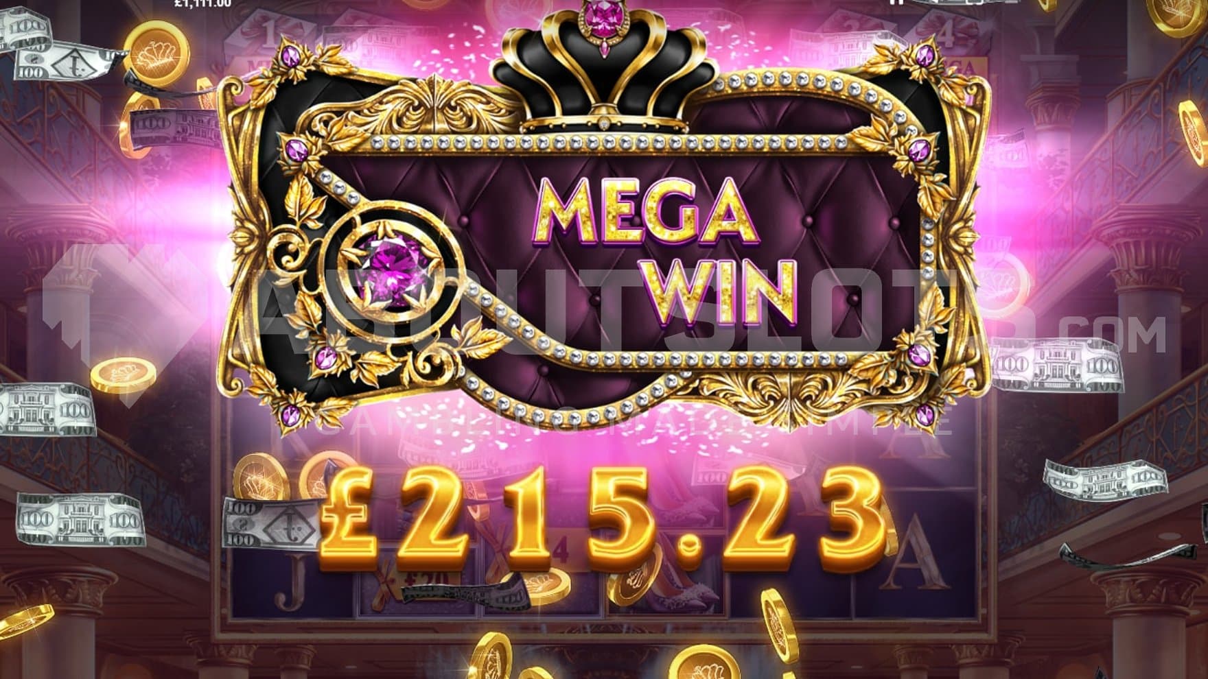 A screen with flying gold coins saying "Mega Win £215.23."