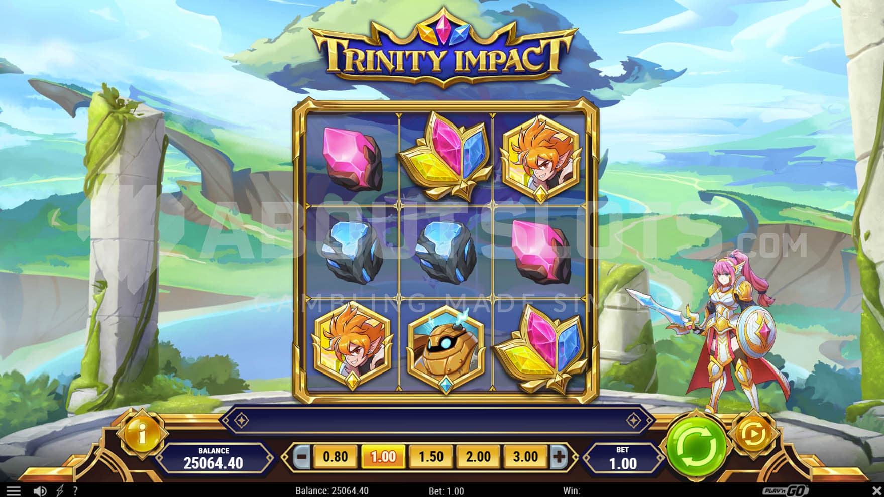 Base game view of a 3x3 grid with a hero character on the right and a mix of symbols on the reels.