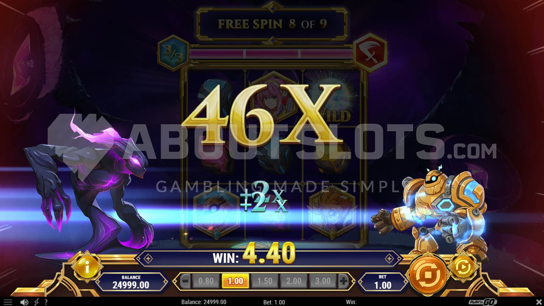 Free spins in progress showing the Ultimate Attack performed by one of the heroes and a x46 win.