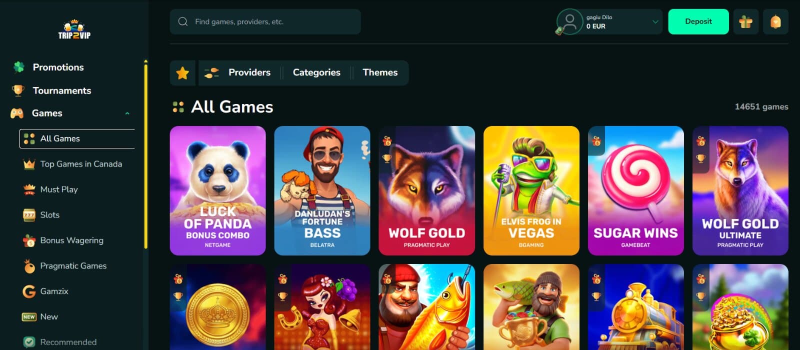 Trip2Vip Casino games lobby featuring the slot and table game icons under main categories and side dropdown menu