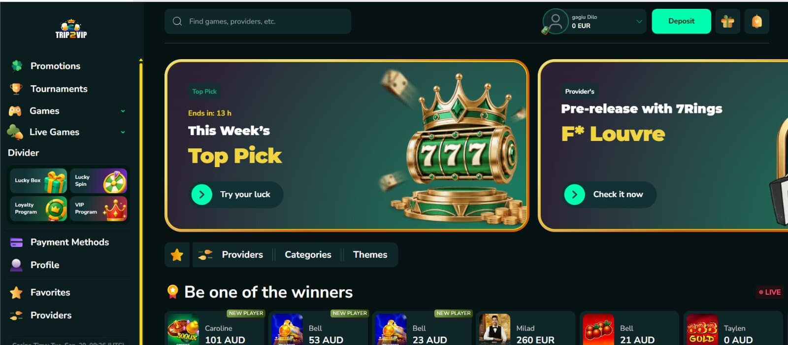 Trip2Vip Casino landing page featuring the promotional banners above latest winners and next to side navigational menu