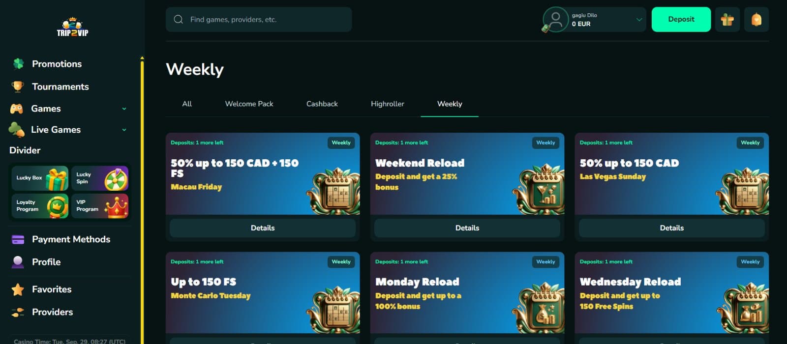 Trip2Vip Casino Promotions Page featuring the weekly reload promotions