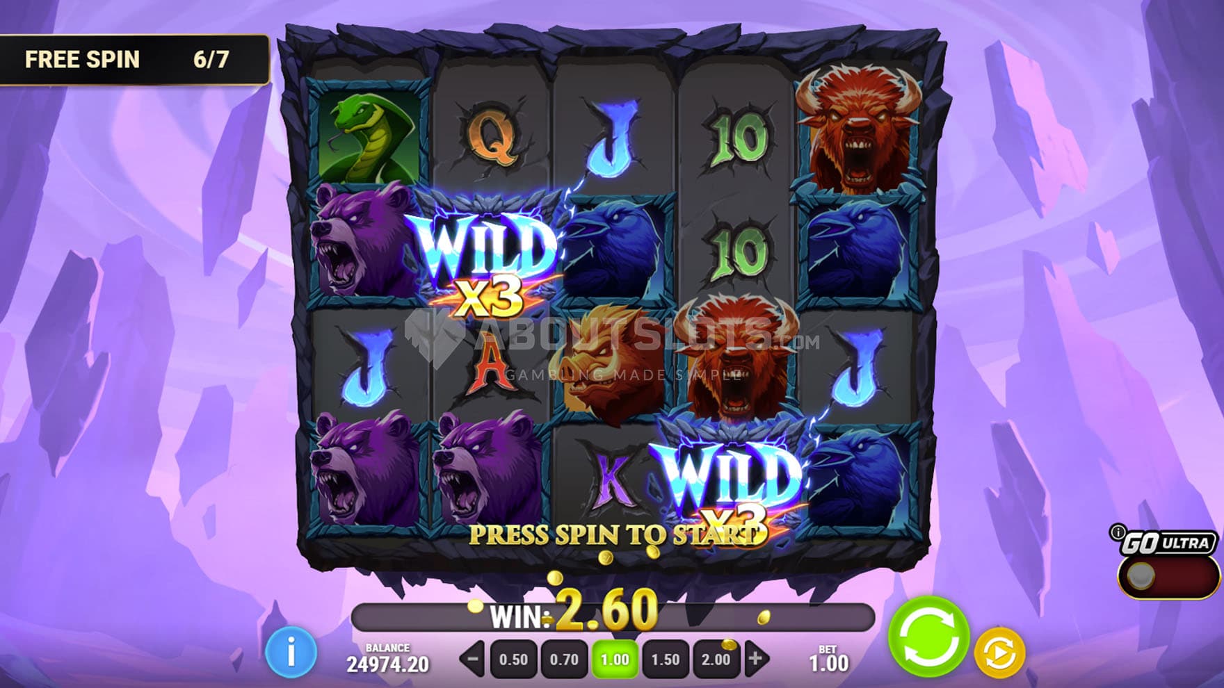 Free Spins bonus in progress, showing a win created with multiplier Wilds.
