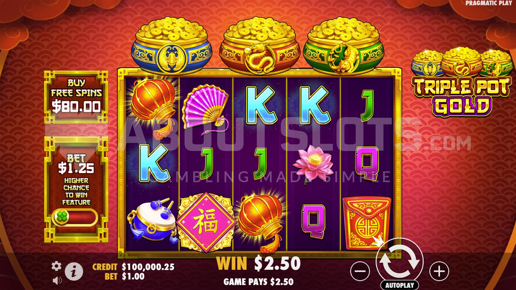 Base Game view of a 5x3 grid with three gold-filled pot on top of it and a red-gold background.