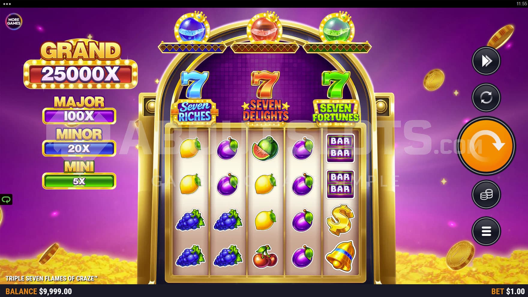 Base Game view of a 5x4 grid on a purple backdrop and a layer of gold coins at the bottom.