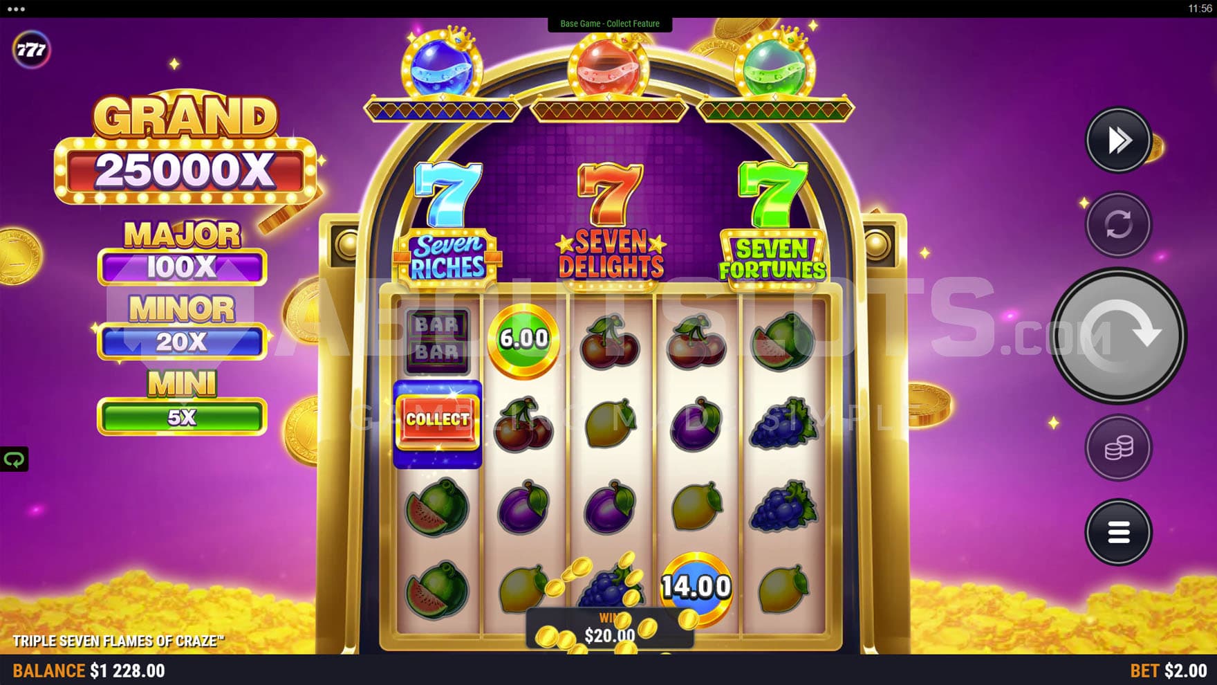 Collect Feature triggered in the base game, gathering cash prizes from two coins.