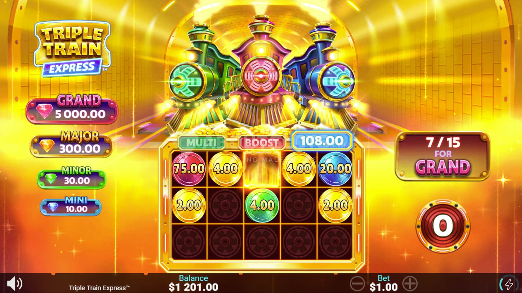 Bonus Game in progress with all 3 upgrades activated and multiple cash symbols locked on the grid.