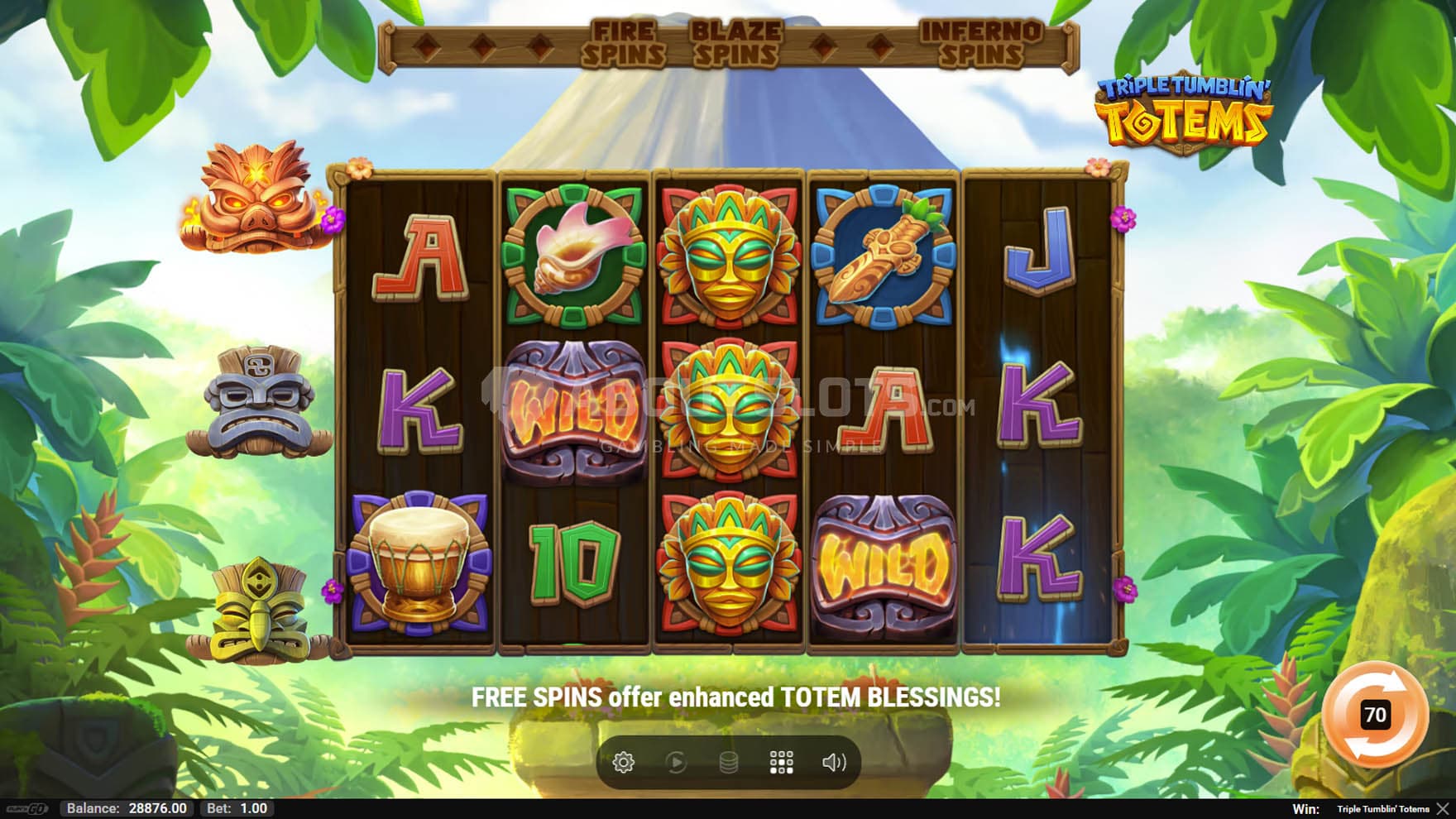 Screenshot of the base game, with a 5x3 grid on a backdrop of a tropical island with a volcano.