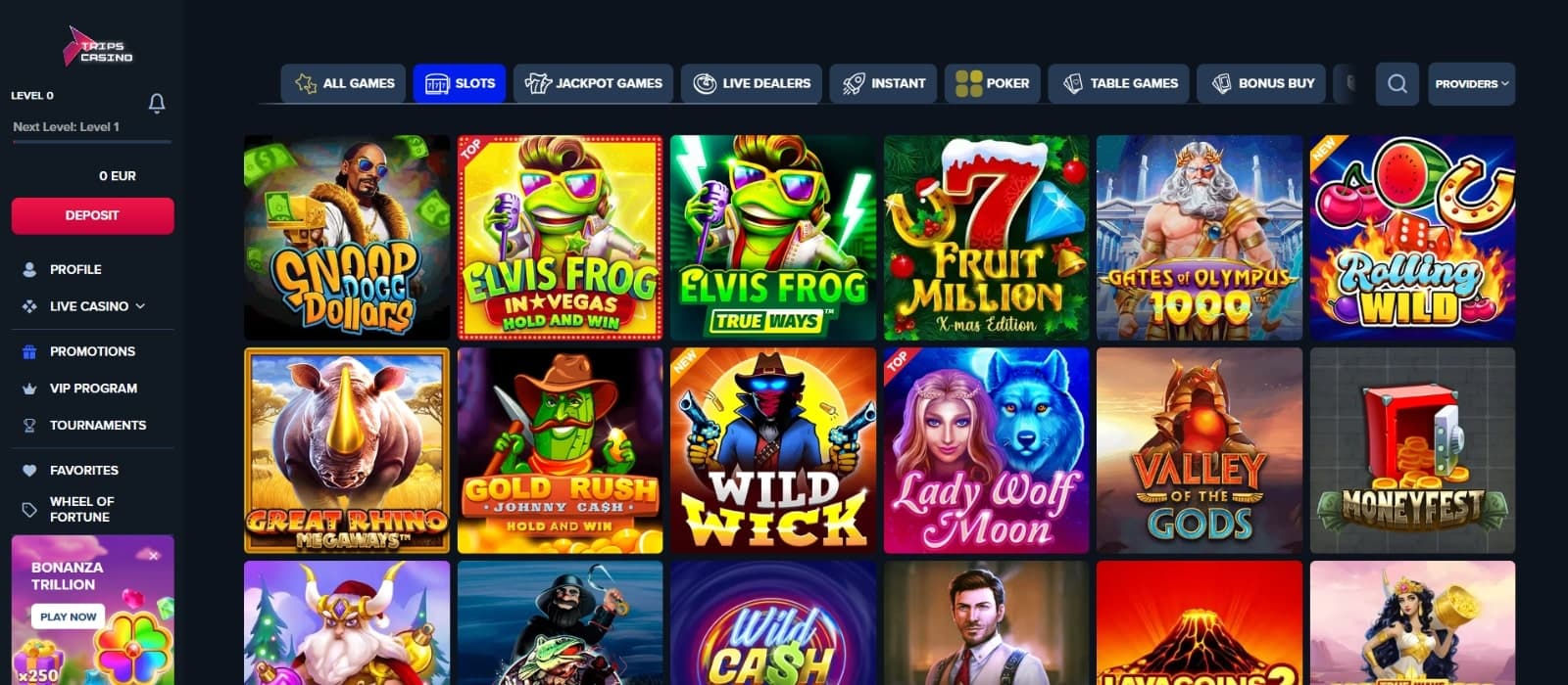 Trips Casino's game page featuring slot titles like Snoop Dogg Dollars, Elvis Frog, and Lady Wolf Moon