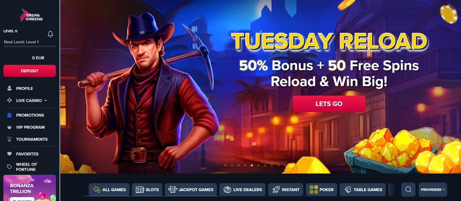 Trips Casino's landing page displaying the Tuesday reload promotion of 50% and 50 free spins above the main category buttons and search filter