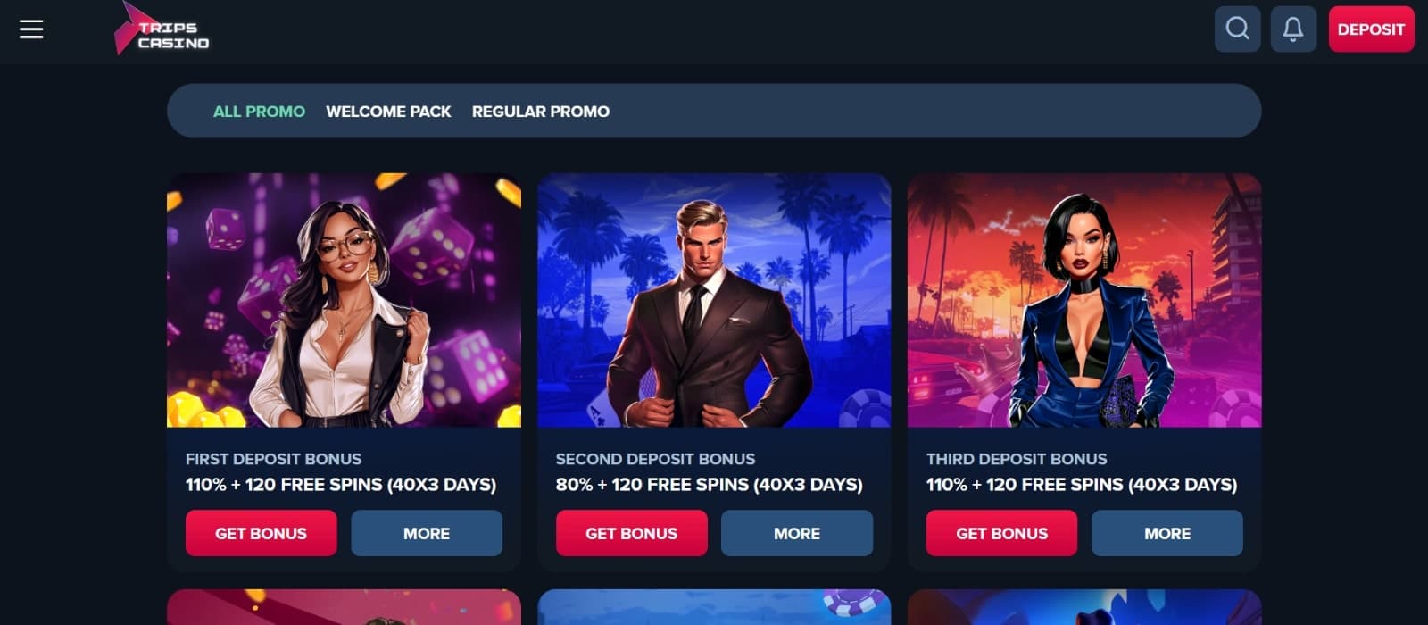 Trips Casino's promotions page featuring the multi-deposit bonus, reload offers and cashback presented by Man and Woman characters