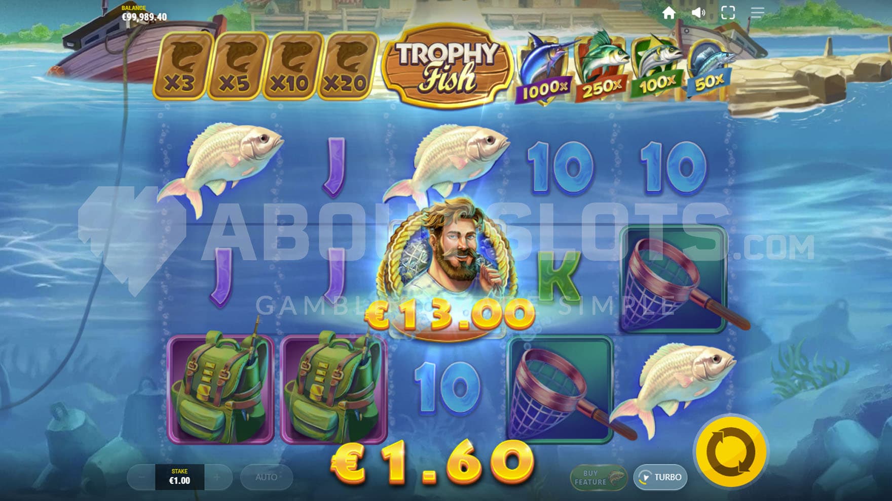 Wild Fisherman symbol hit in the base game, collecting 3 Fish prize symbols for a total win of 13x.