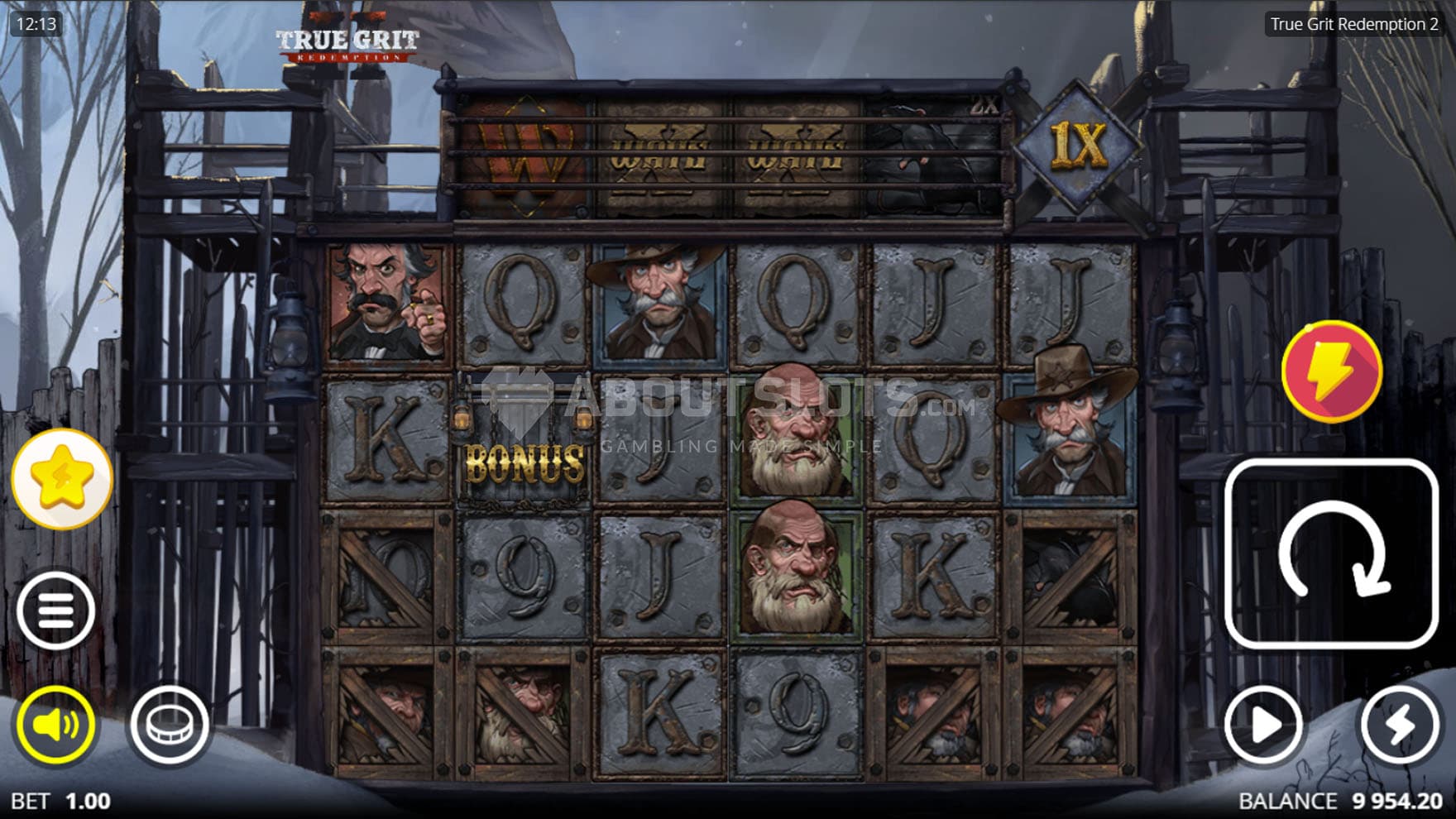 Base Game view of a 6-reel grid set against a makeshift wooden guard post.