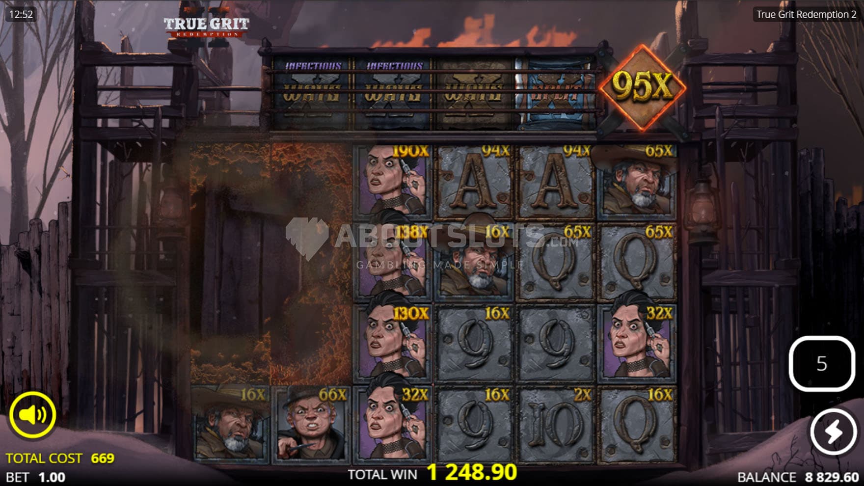 Redemption Spins bonus in progress, showing multiple positions of the grid with high multipliers.