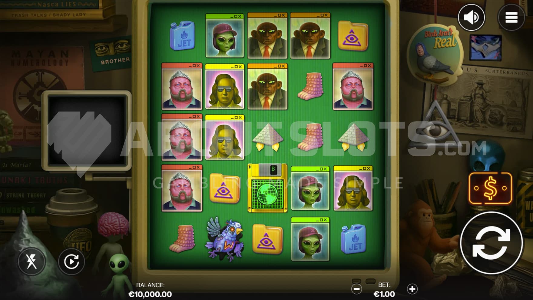 Base Game view of a 5x5 grid on a backdrop of a room filled with gadgets and books.