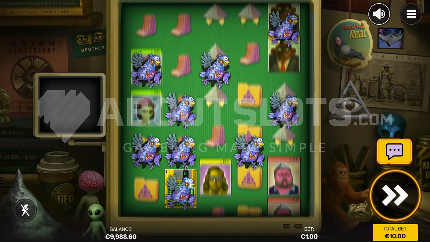 Birds Aren't Real feature triggered in the base game, locking multiple Wilds on the grid.