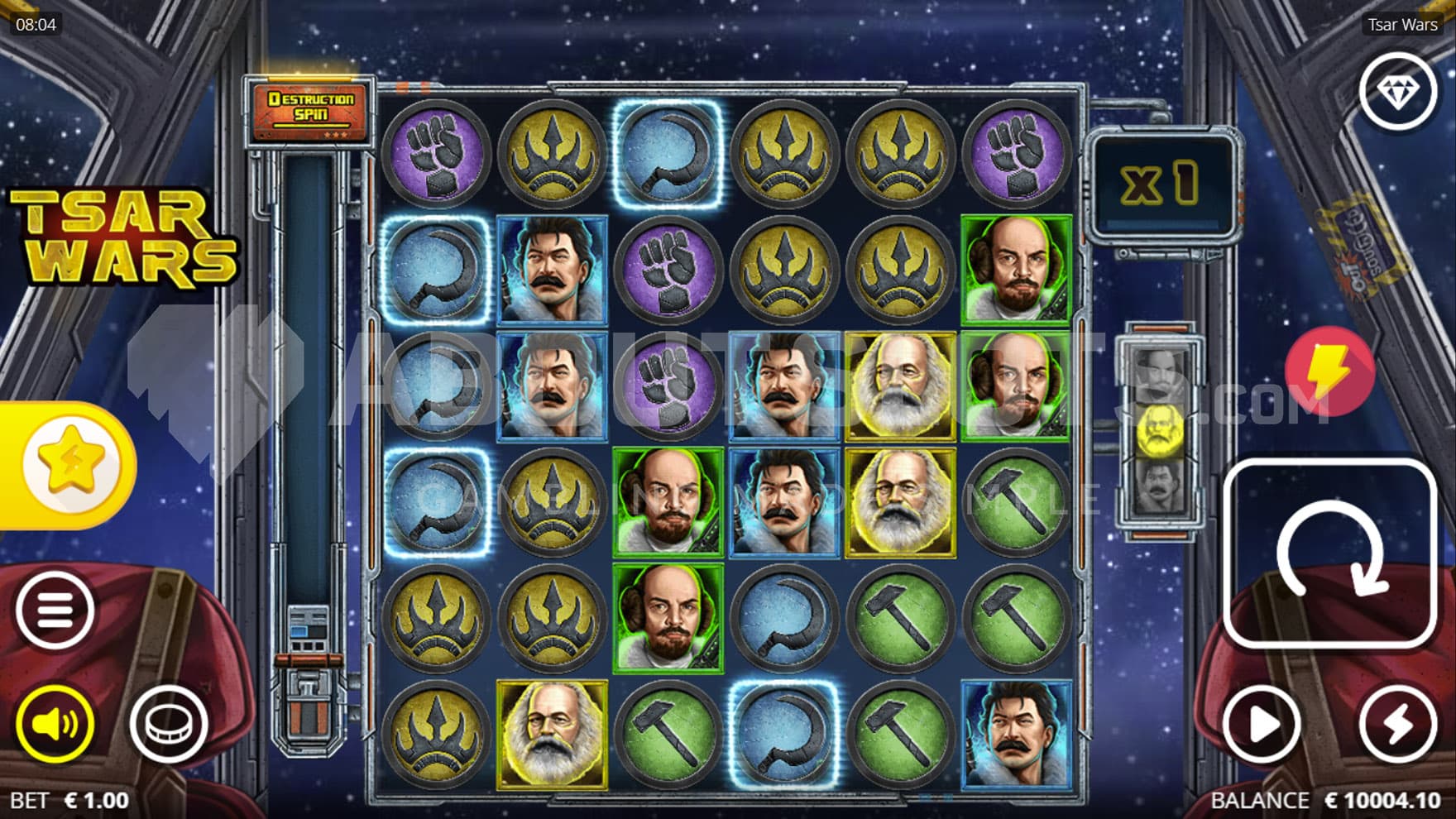 Base Game view of a 6x6 grid on a backdrop of an inside of a spaceship traversing the universe.