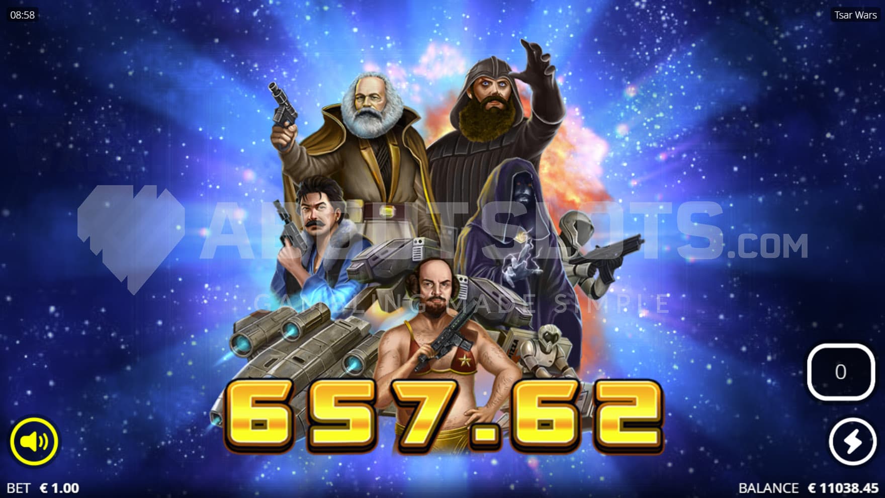 Big Win screen showing all characters from the game in a movie cover-like pose.