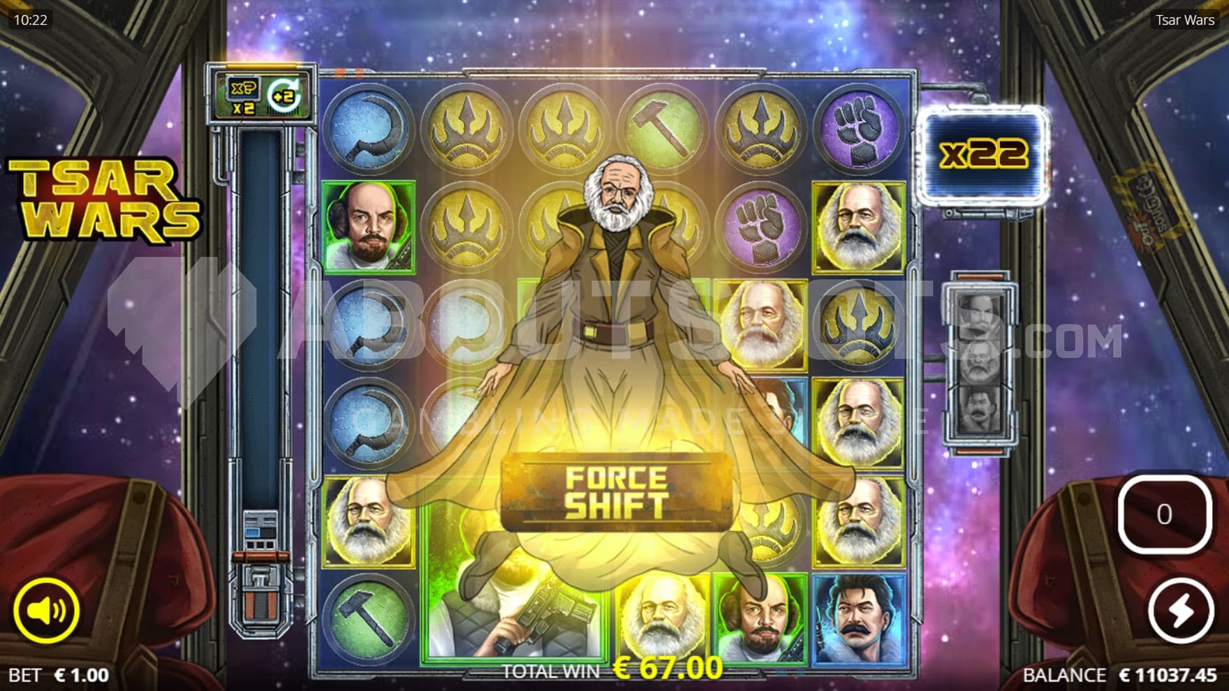 Revolution Spins bonus in progress, showing Force Shift feature being triggered.