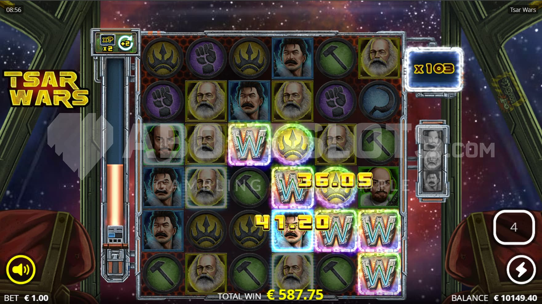 Tsar Side Spins bonus in progress, showing multiple wins on the grid involving Wild symbols and a global multiplier built to x103.