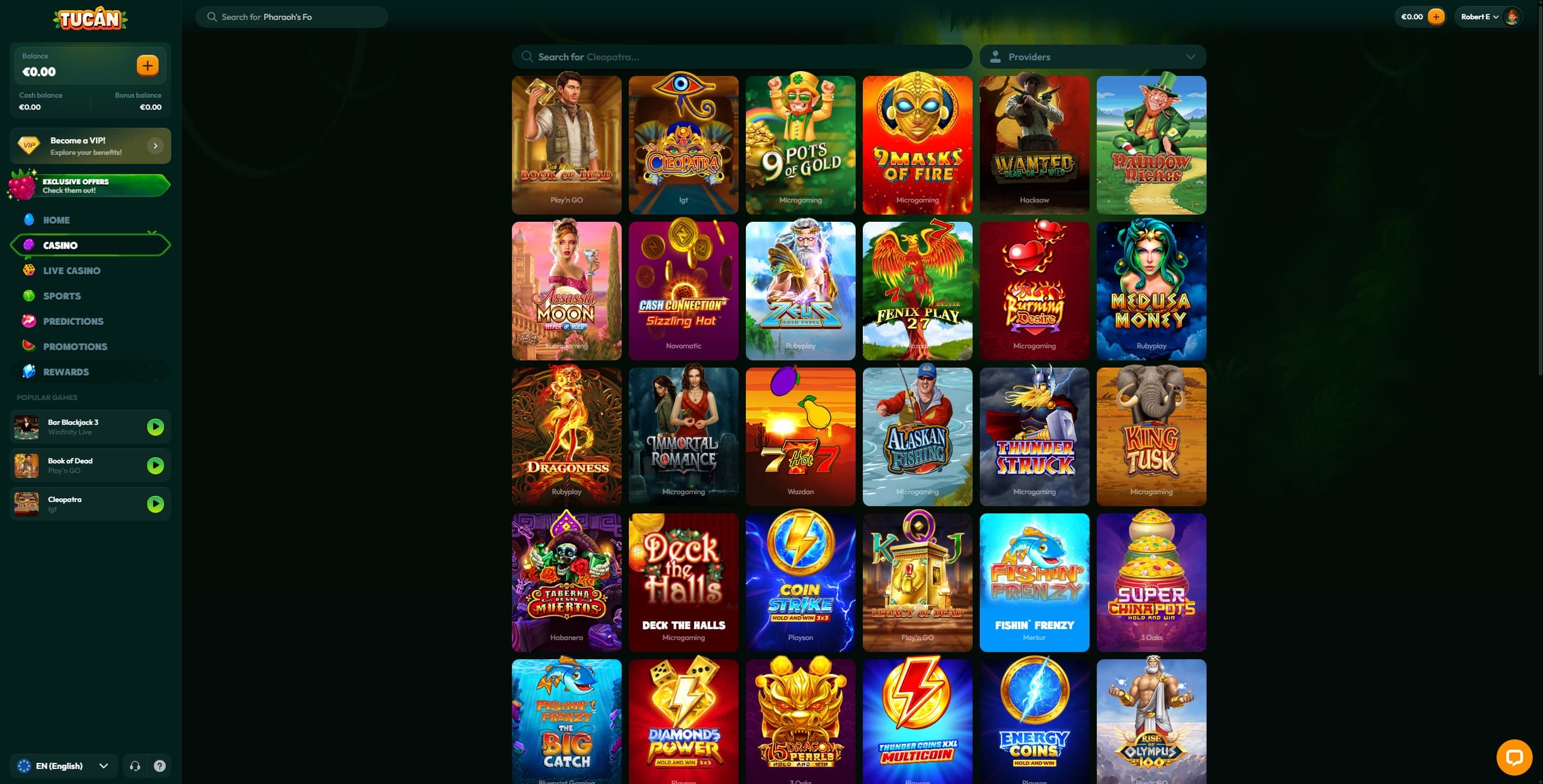 Tucan Casino Games Page showing a selection of casino games and the main menu