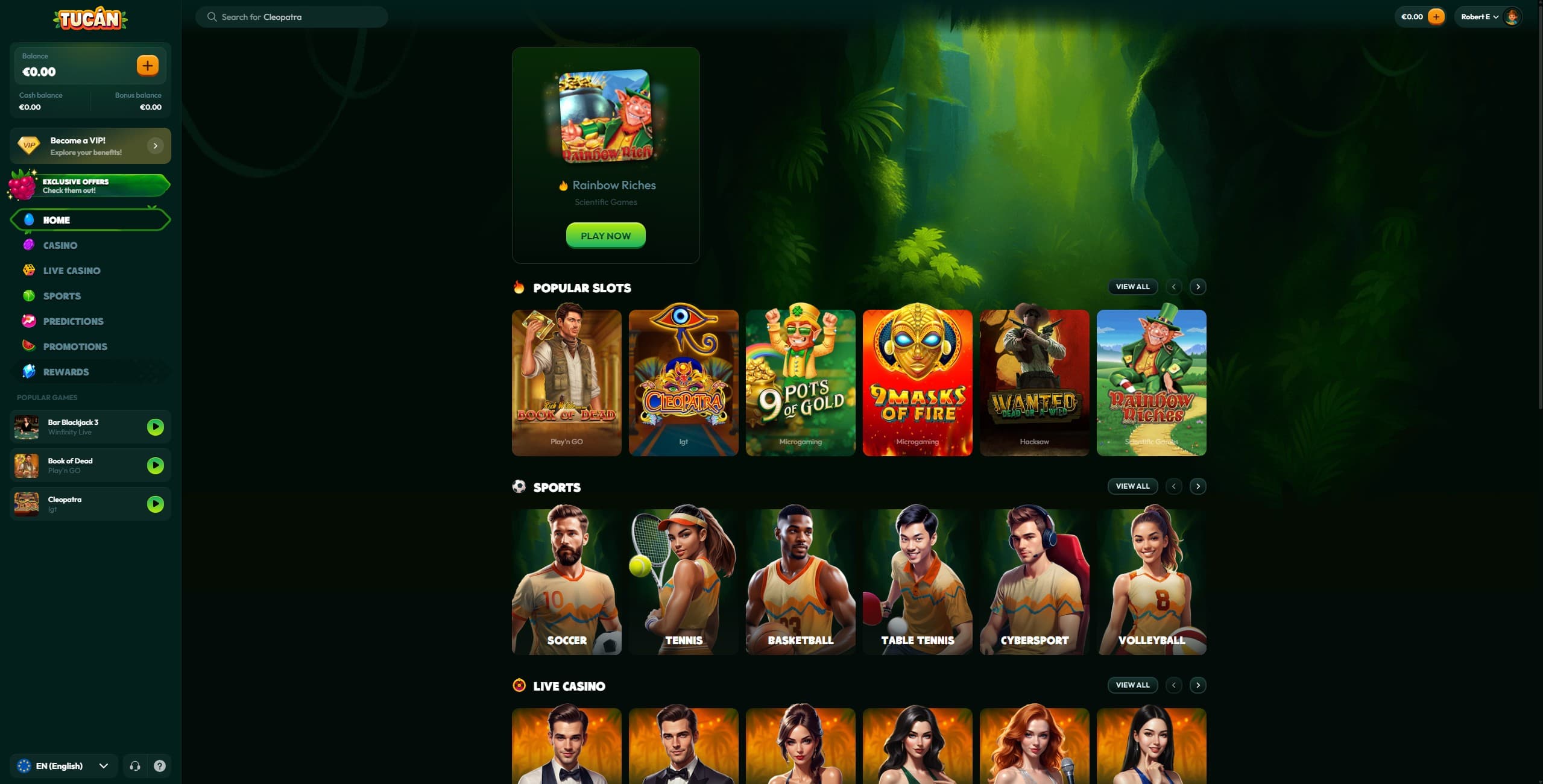 Tucan Casino Landing Page showing a few games and the main menu