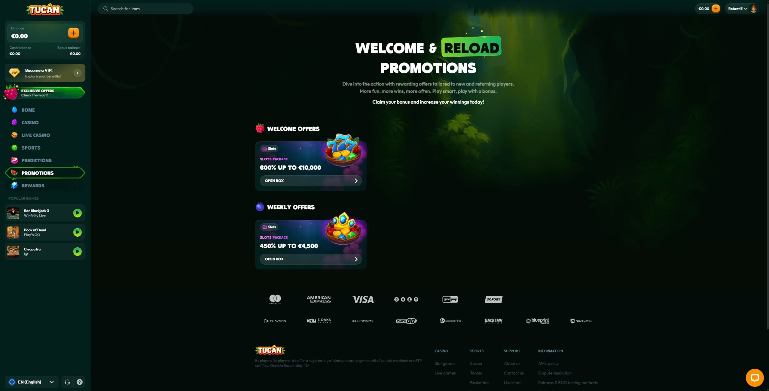 Tucan Casino Promotions Page showing the casino welcome bonus and weekly offer